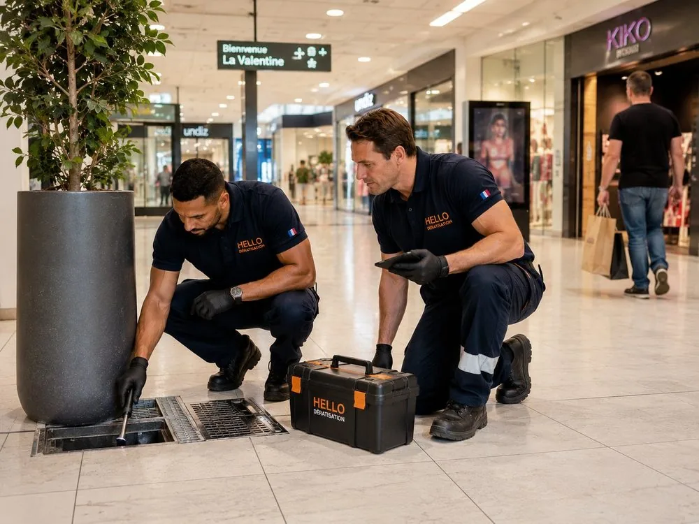 Medhi et Julien, techniciens Hello Dératisation, en intervention dans le centre commercial de La Valentine (Marseille 11e, 13011) : inspection et contrôle d'un poste d'appâtage avec traçabilité