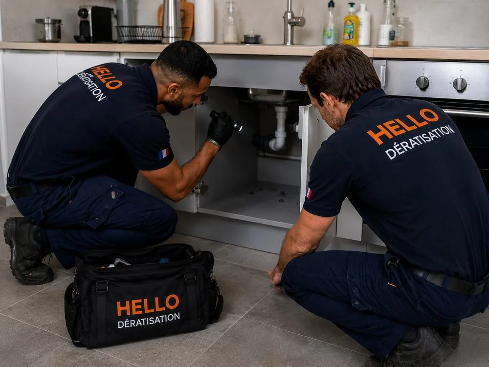 Medhi et Julien, techniciens Hello Dératisation, inspectant sous un évier lors d'une dératisation à Vitrolles (13127)