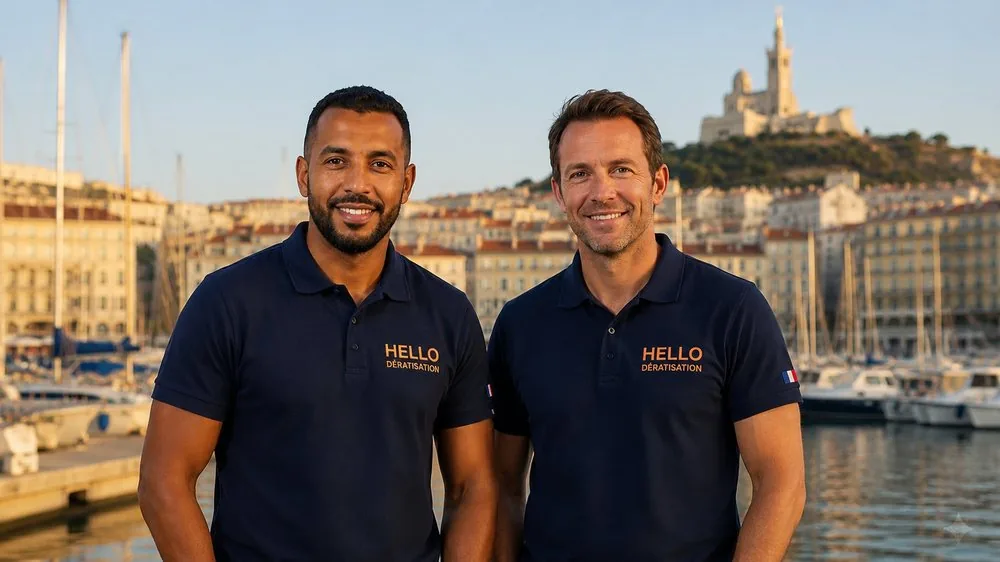 Medhi et Julien, fondateurs de Hello Dératisation, devant le Vieux-Port de Marseille — dératisation et nuisibles dans le 1er arrondissement (13001)