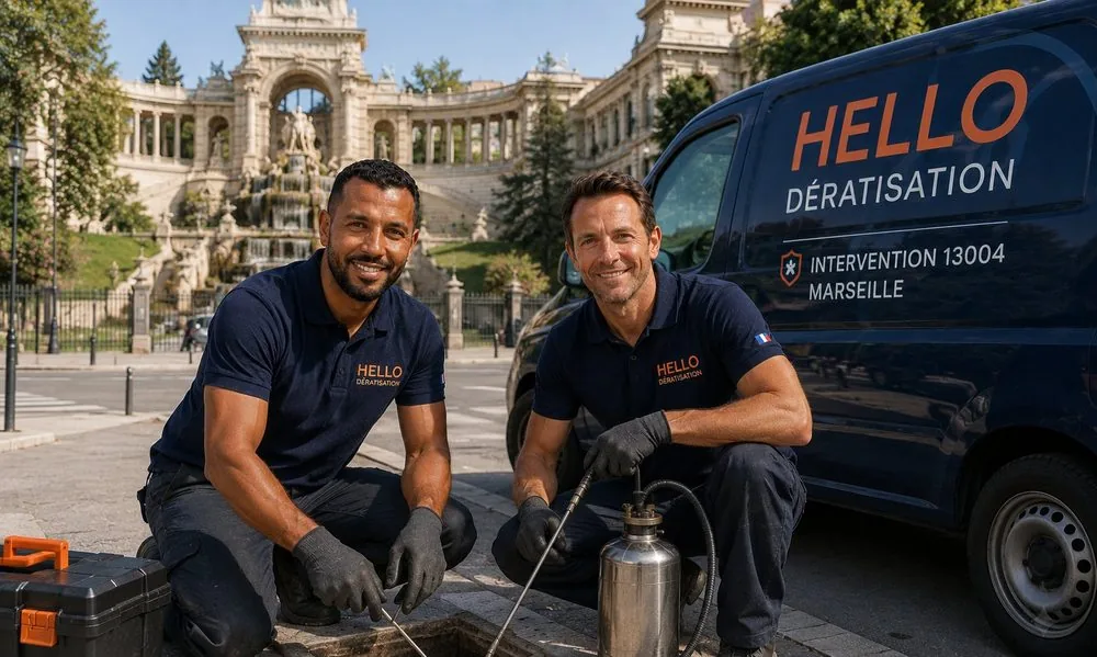 Medhi et Julien, techniciens Hello Dératisation, en intervention dans le 4e arrondissement de Marseille (13004) devant le Palais Longchamp, avec matériel et pulvérisateur professionnel