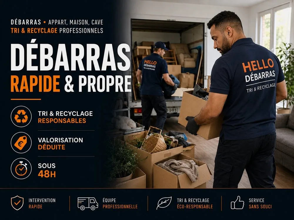 Débarras d'appartement à Marseille — équipe Hello Dératisation chargeant cartons et meubles dans un camion, tri et recyclage responsables, intervention rapide sous 48h
