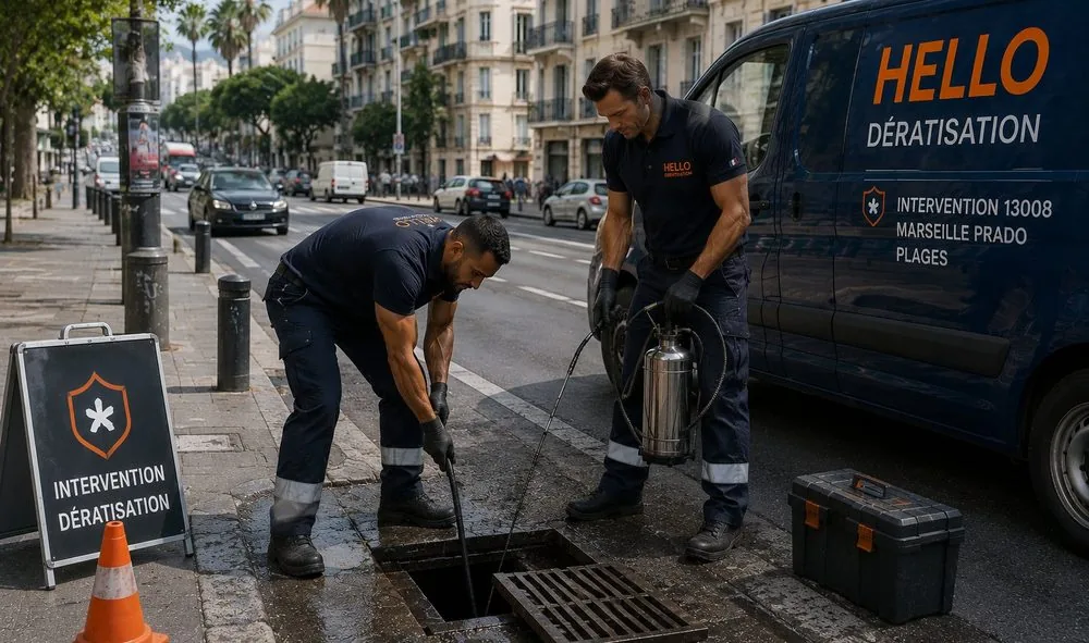 Medhi et Julien, techniciens Hello Dératisation, en intervention dans le 8e arrondissement de Marseille (13008) : traitement d'un regard d'égout sur une avenue du Prado