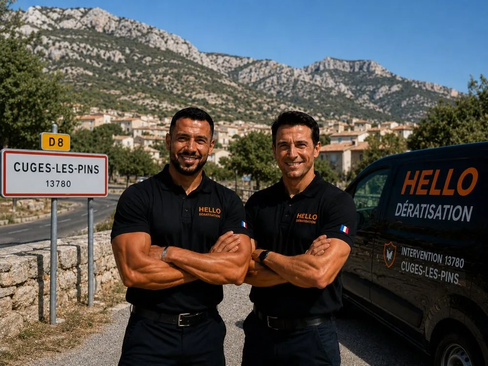 Medhi et Julien, fondateurs de Hello Dératisation, à Cuges-les-Pins — dératisation et nuisibles au village, dans la plaine agricole et les collines (13780)