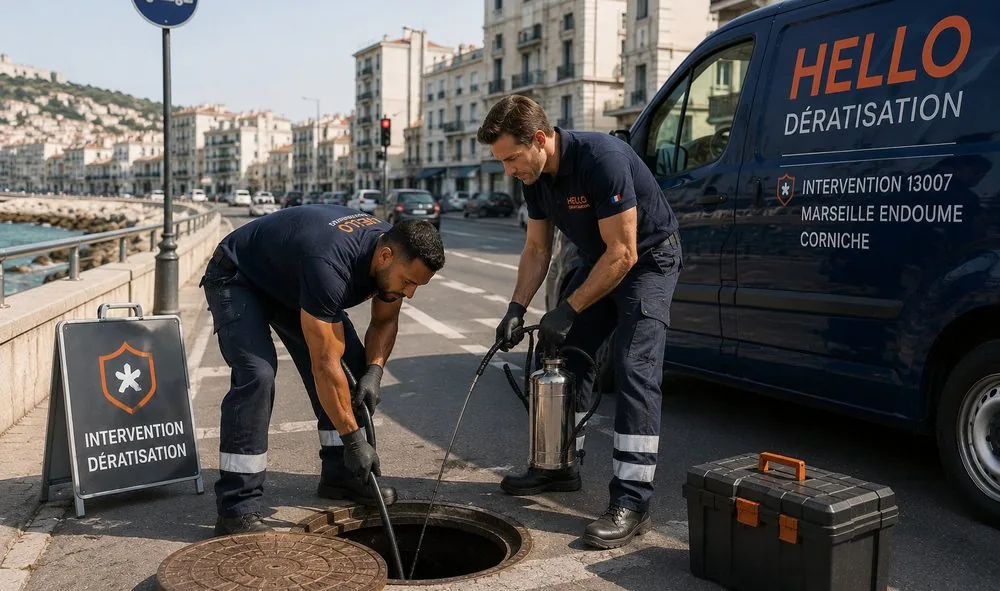 Medhi et Julien, techniciens Hello Dératisation, en intervention sur la Corniche dans le 7e arrondissement de Marseille (13007) : traitement d'un regard d'égout face à la mer