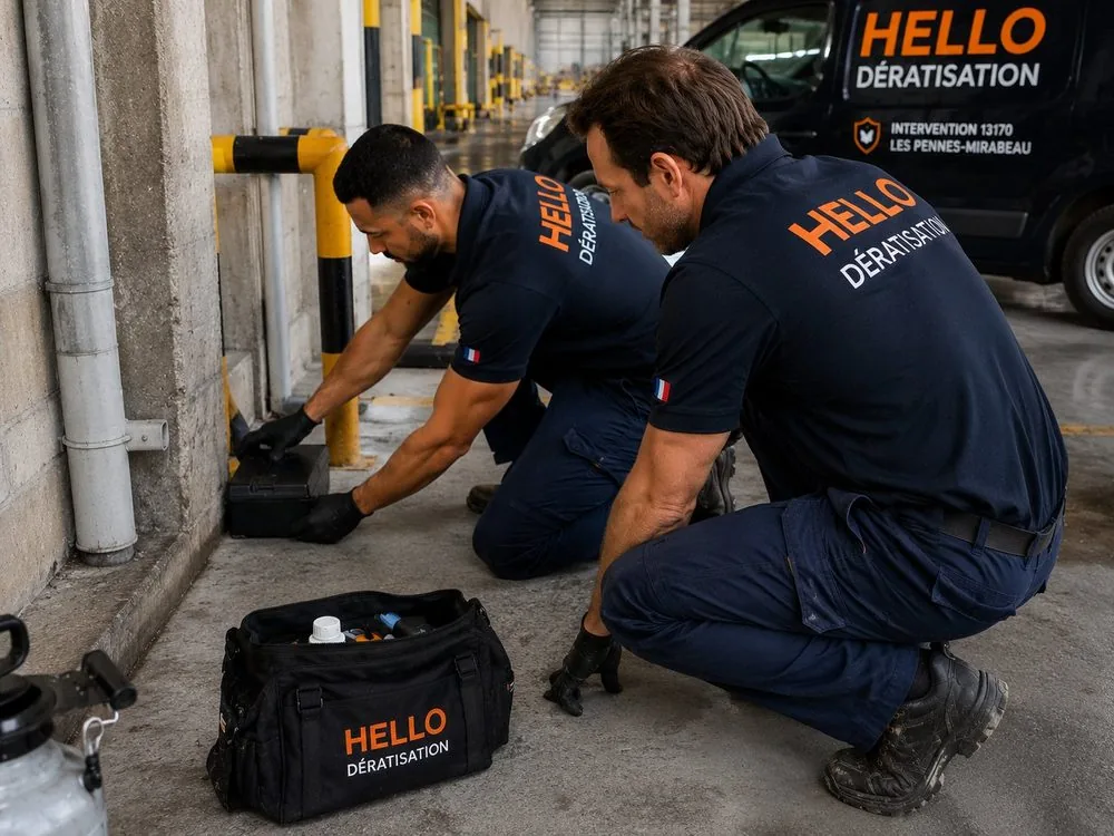 Medhi et Julien, techniciens Hello Dératisation, posant un poste d'appât sécurisé lors d'une dératisation aux Pennes-Mirabeau (13170)