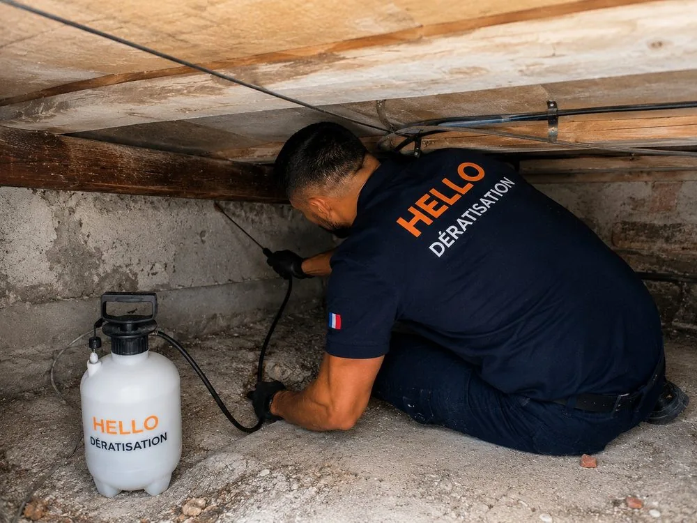 Technicien Hello Dératisation traitant au pulvérisateur dans un vide sanitaire lors d'une dératisation à Auriol (13390)