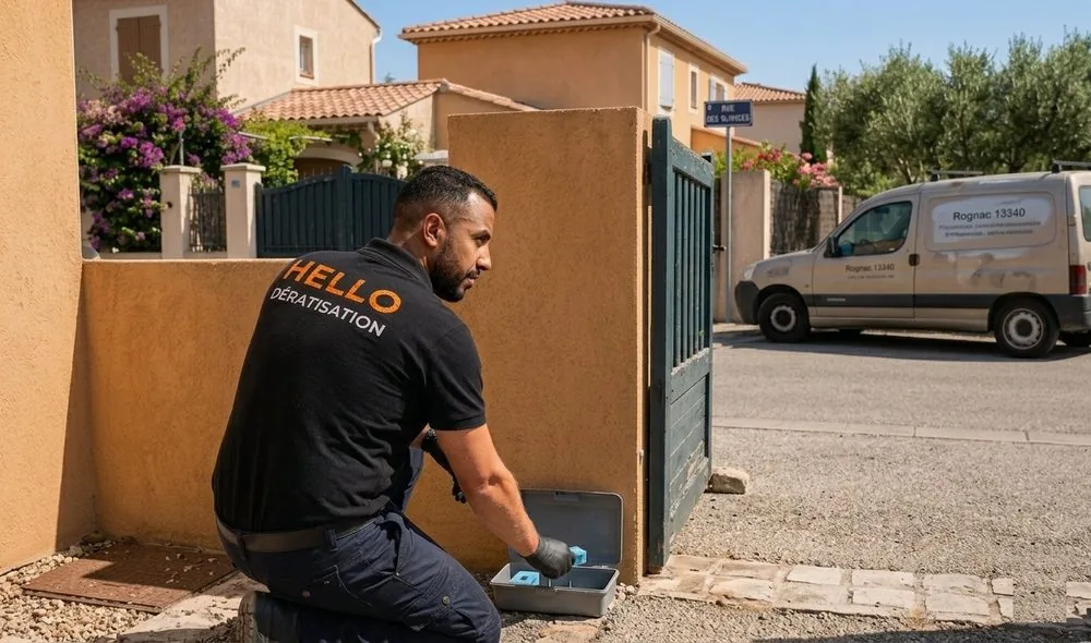 Technicien Hello Dératisation posant un poste d'appâtage sécurisé devant un portail lors d'une dératisation à Rognac (13340)