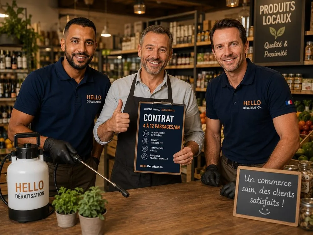 Techniciens Hello Dératisation présentant un contrat annuel antinuisibles à un commerçant satisfait dans son épicerie à Marseille
