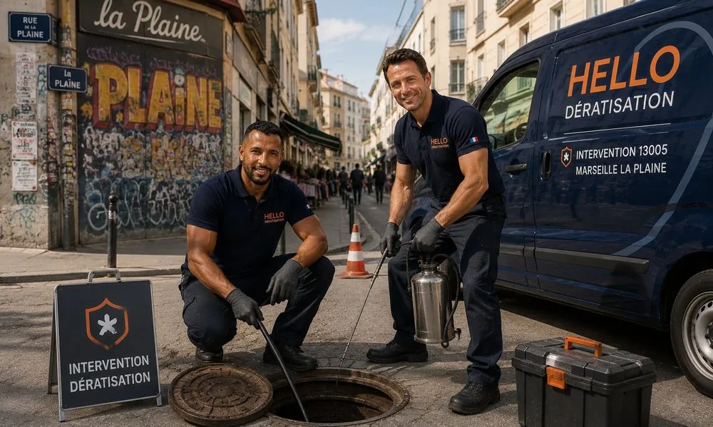 Medhi et Julien, techniciens Hello Dératisation, en intervention dans le 5e arrondissement de Marseille (13005) rue de la Plaine, traitement d'un regard d'égout avec pulvérisateur professionnel