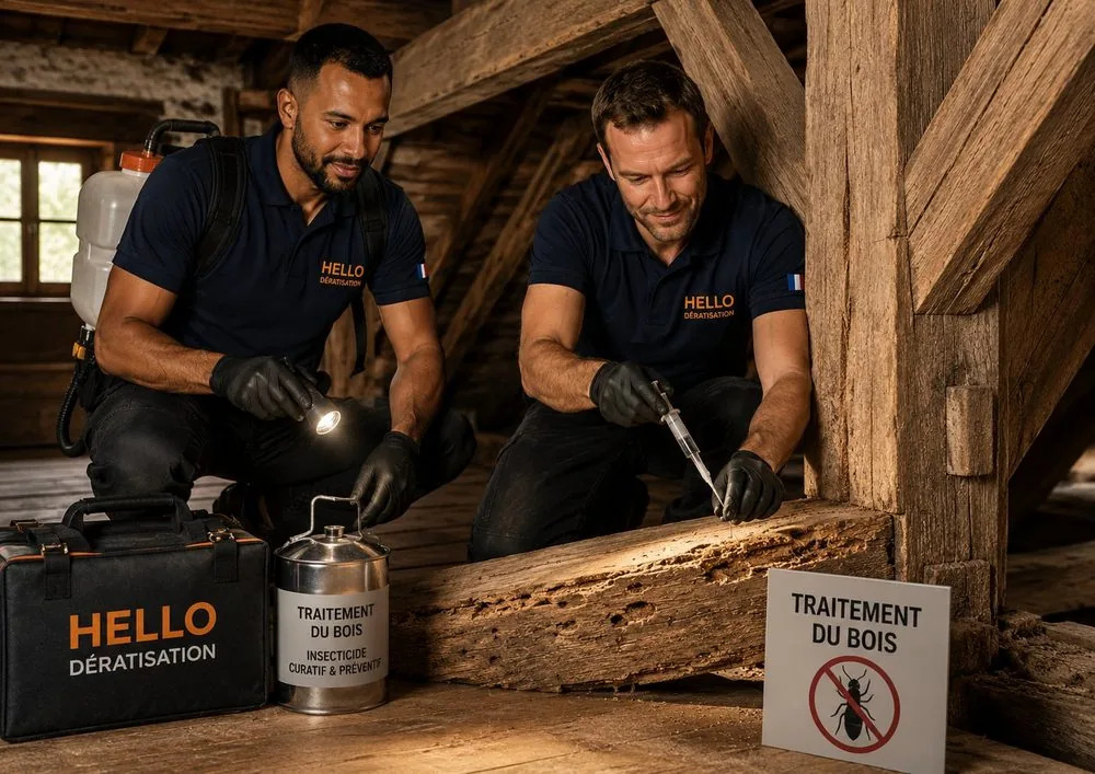 Traitement de charpente à Marseille — techniciens Hello Dératisation sondant et injectant une poutre attaquée par les capricornes dans des combles, curatif et préventif