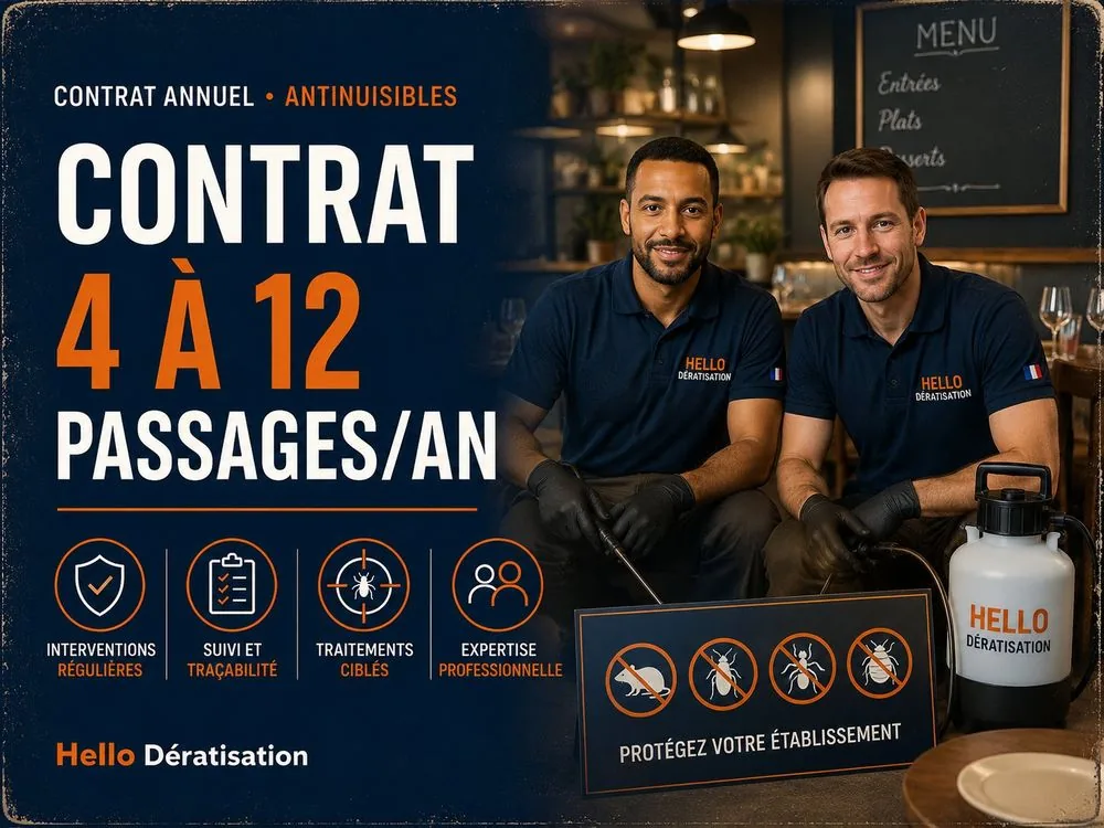 Contrat annuel antinuisibles Hello Dératisation : 4 à 12 passages par an, interventions régulières, suivi et traçabilité, traitements ciblés