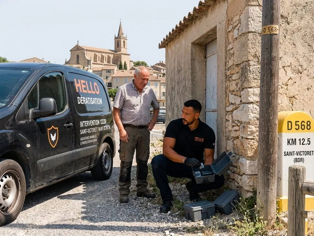 Technicien Hello Dératisation présentant un poste d'appâtage sécurisé à un client lors d'une dératisation à Saint-Victoret (13730)