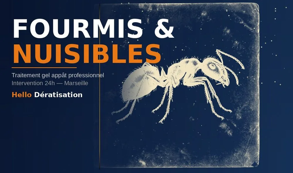 Traitement anti-fourmis à Marseille — illustration gravure d'une fourmi, intervention gel appât professionnel par Hello Dératisation