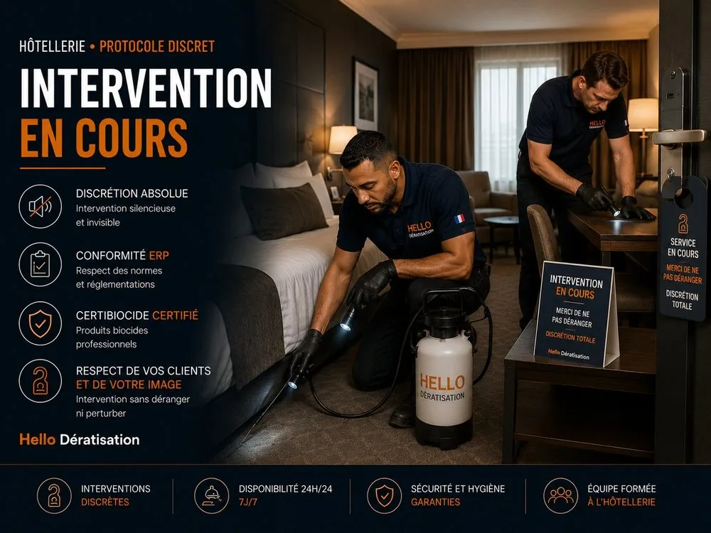 Intervention en cours dans une chambre d'hôtel à Marseille — deux techniciens Hello Dératisation traitent discrètement, panneau service en cours et accroche-porte ne pas déranger