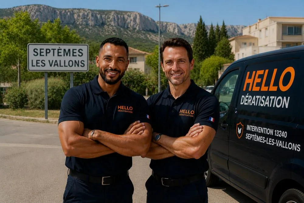 Medhi et Julien, fondateurs de Hello Dératisation, à Septèmes-les-Vallons — dératisation et nuisibles au centre-village, à Notre-Dame-Limite et dans les zones d'activité (13240)