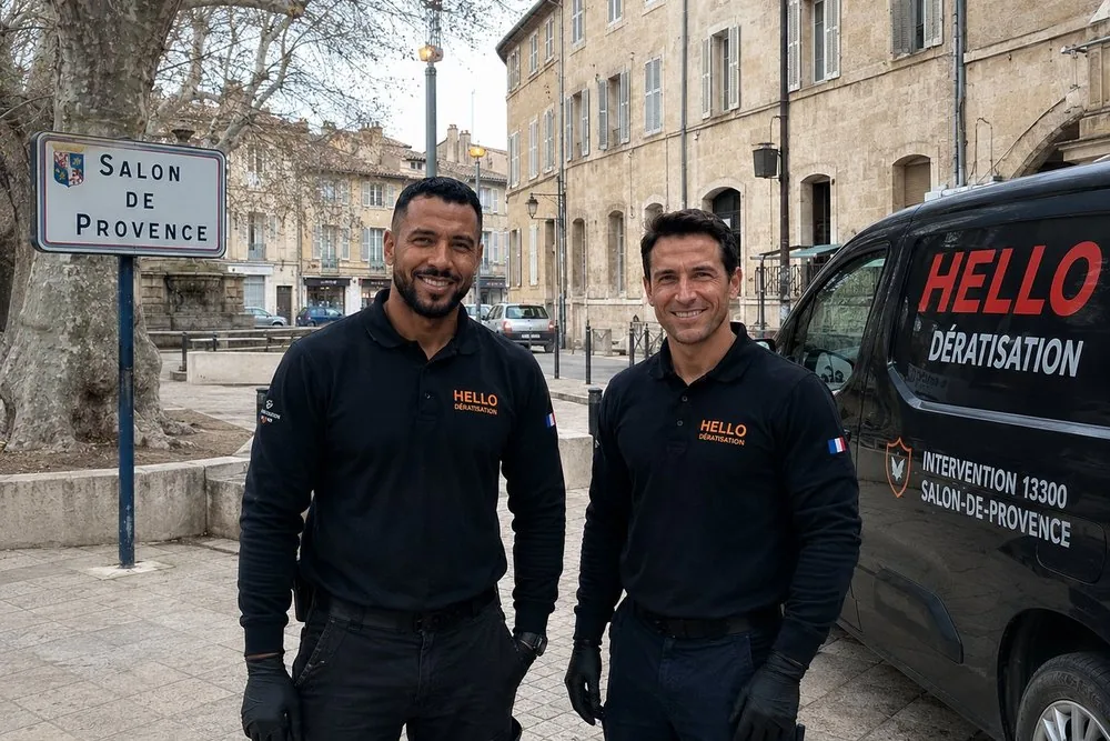 Medhi et Julien, fondateurs de Hello Dératisation, à Salon-de-Provence — dératisation et nuisibles au centre historique, au parc de la Crau et dans les zones logistiques (13300)