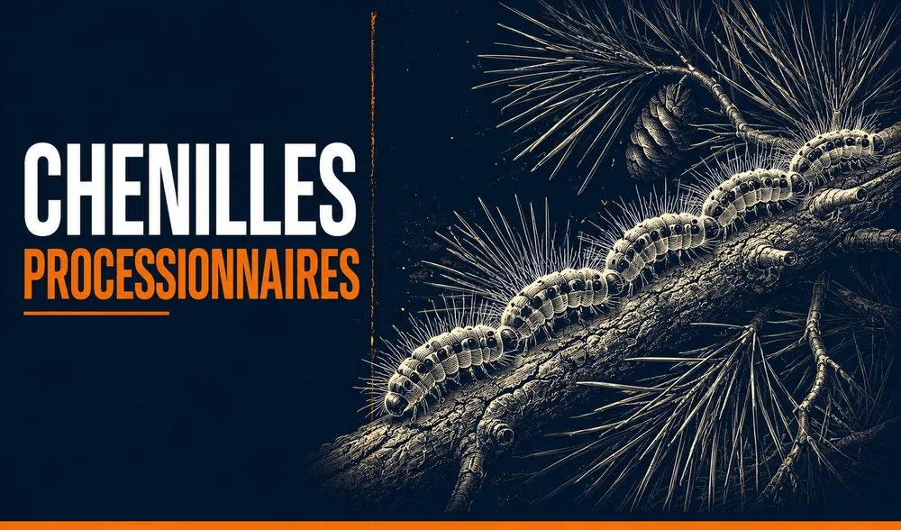 Chenilles processionnaires à Marseille — illustration d'une procession de chenilles sur une branche de pin, traitement par Hello Dératisation