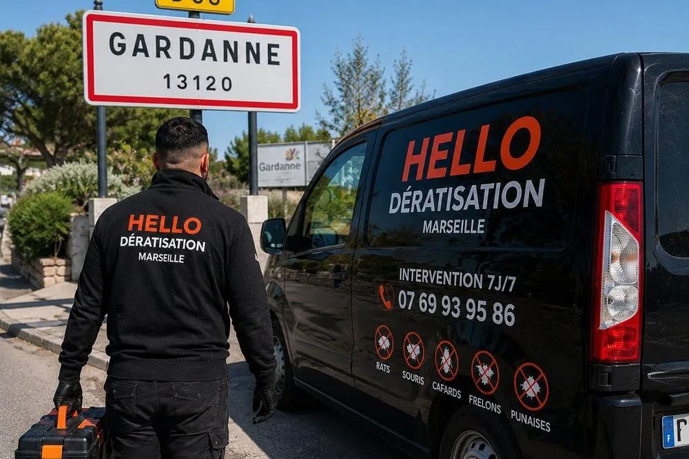 Technicien Hello Dératisation devant le panneau de Gardanne (13120) avec son véhicule d'intervention — dératisation et nuisibles au centre ancien, à Biver et dans les quartiers de collines