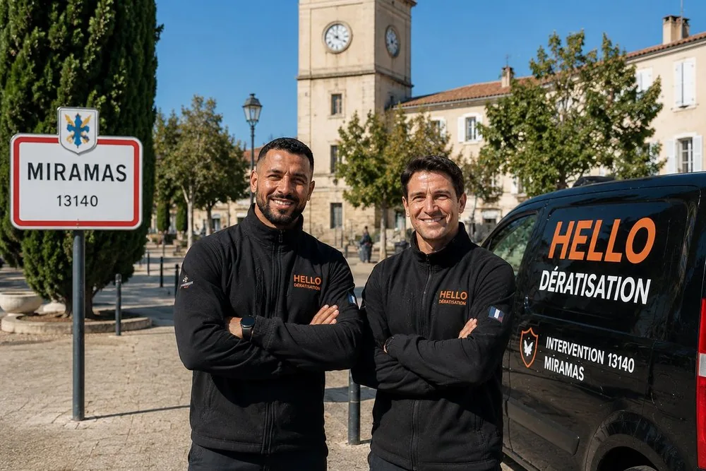 Medhi et Julien, fondateurs de Hello Dératisation, devant le panneau de Miramas (13140) avec leur véhicule d'intervention — dératisation et nuisibles au centre, près de la gare de triage et de la plateforme logistique Clésud