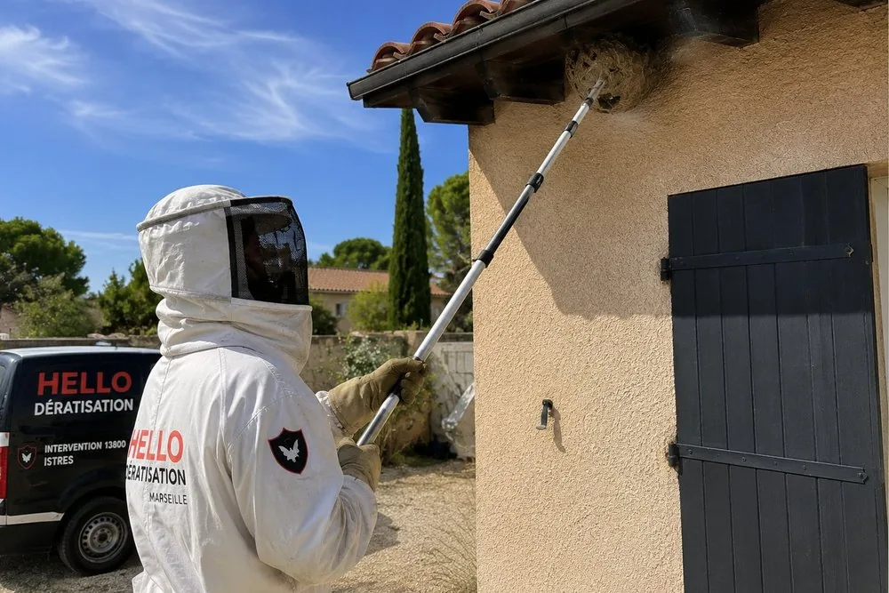 Technicien Hello Dératisation en intervention à Istres (13800) : destruction d'un nid de guêpes en combinaison de protection, véhicule d'intervention à proximité